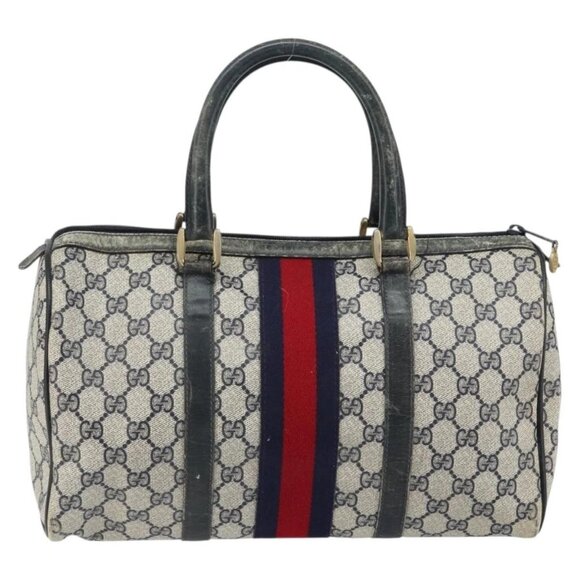 GUCCI GG Supreme Sherry Line Hand Bag PVC Navy Gold 012 3842 58 Auth gh1137 - Picture 3 of 16